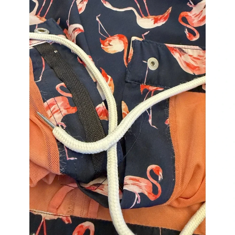 Mosmann Men's L Navy Pink Flamingo Swim Trunks Drawstring Elastic Waist Pockets